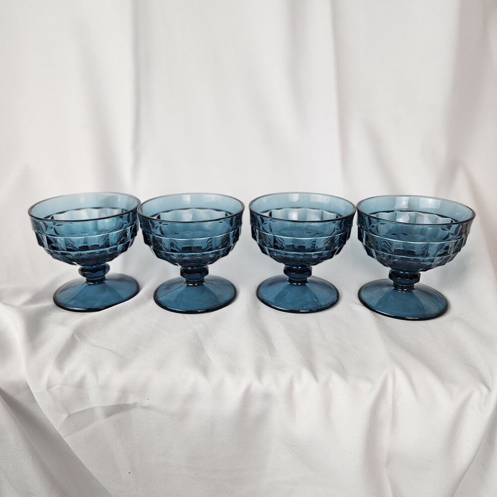 4 VTG Indiana Glass Whitehall Riviera Blue Dessert Sherbet Glasses Colony RARE